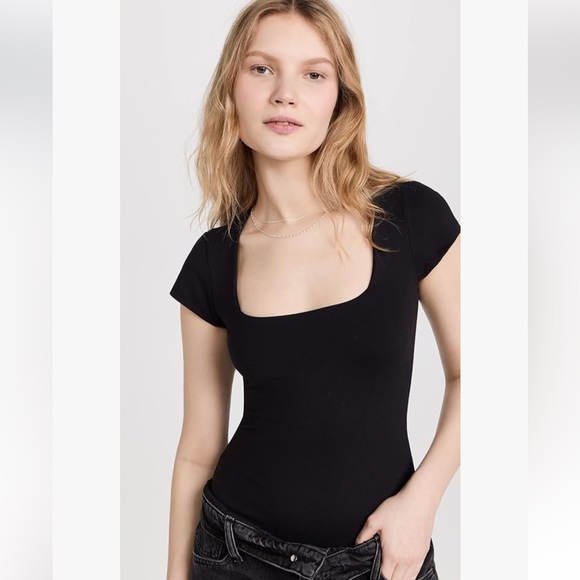 Free People Black Square Eyes Short Sleeve Thong Bodysuit Size Small - Picture 4 of 11